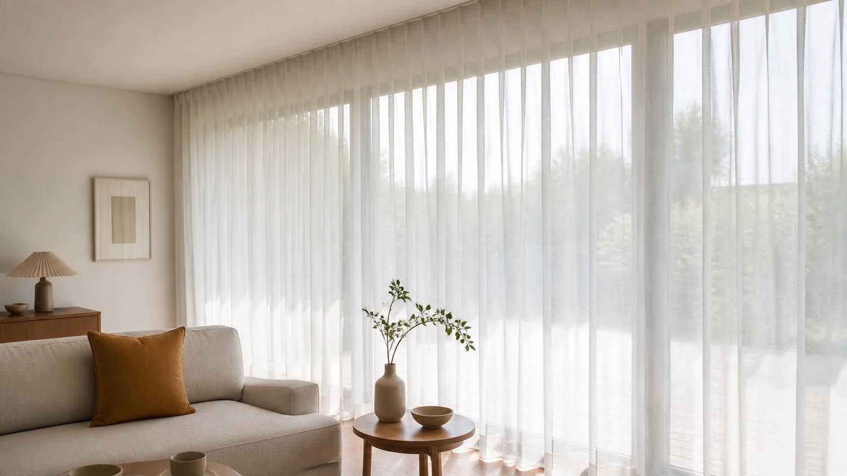 Vorhänge mit Kräuselband und gleichmässigem Faltenwurf im Wohnzimmer