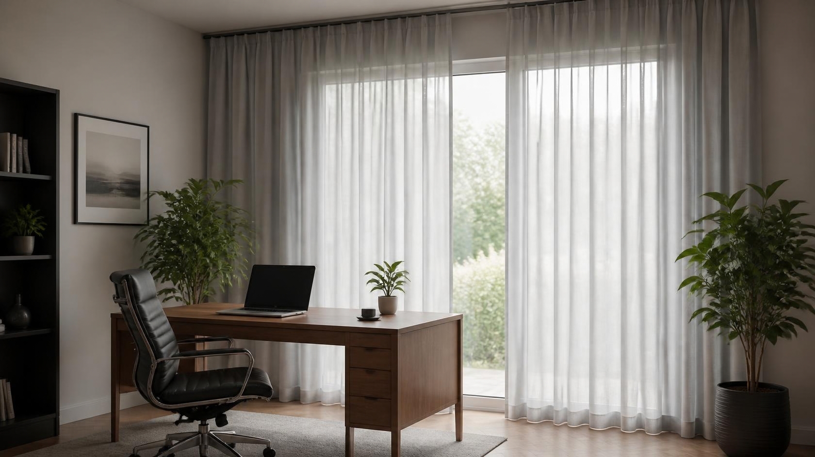 Vorhänge mit Gleiter an der Schiene in einem modernen Home-Office
