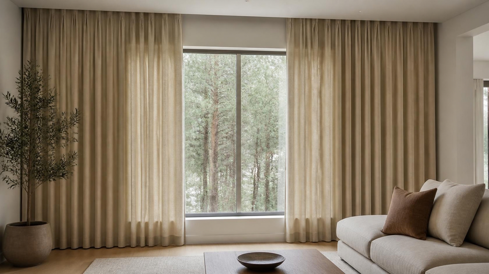 Flächenvorhang als moderne Fensterdekoration an einer grossen Fensterfront