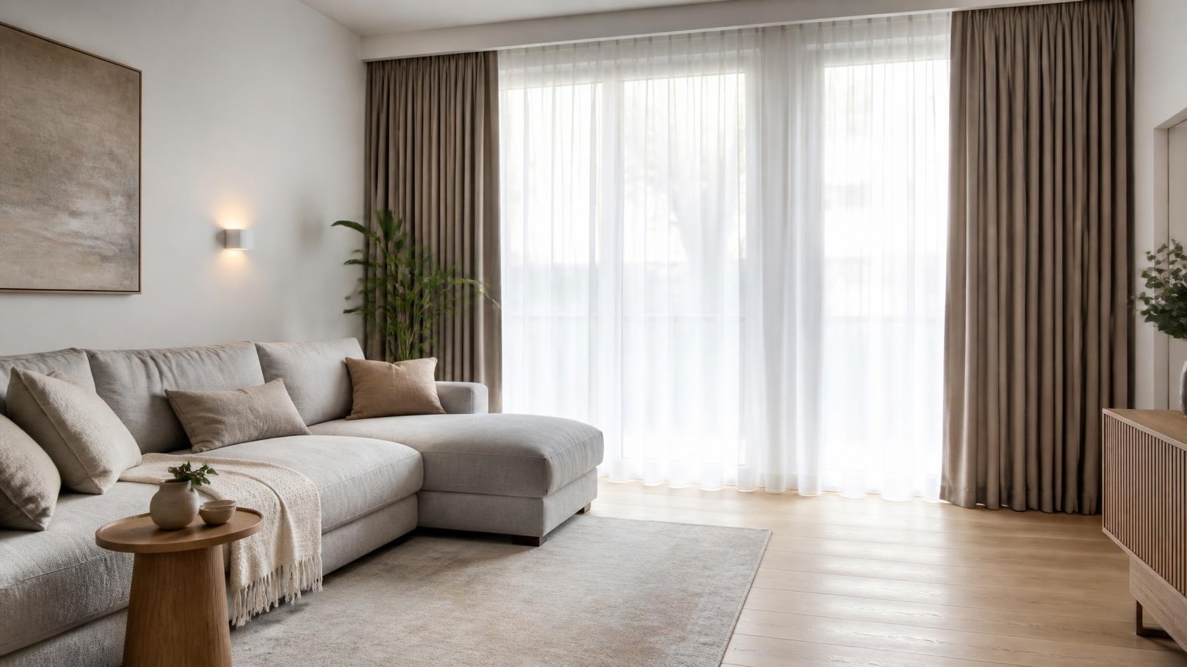 Vorhänge Wohnzimmer: Sofa mit Tagesvorhang und Verdunkelungsvorhang